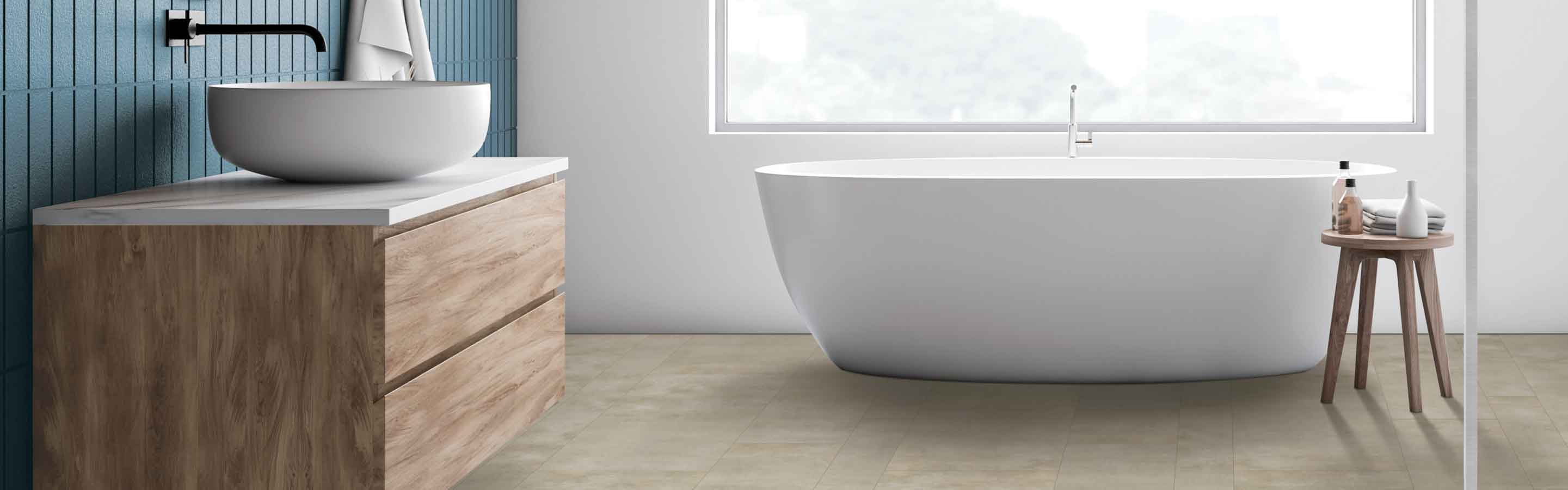 Vinyl flooring in a bathroom with soaking tub and a large window
