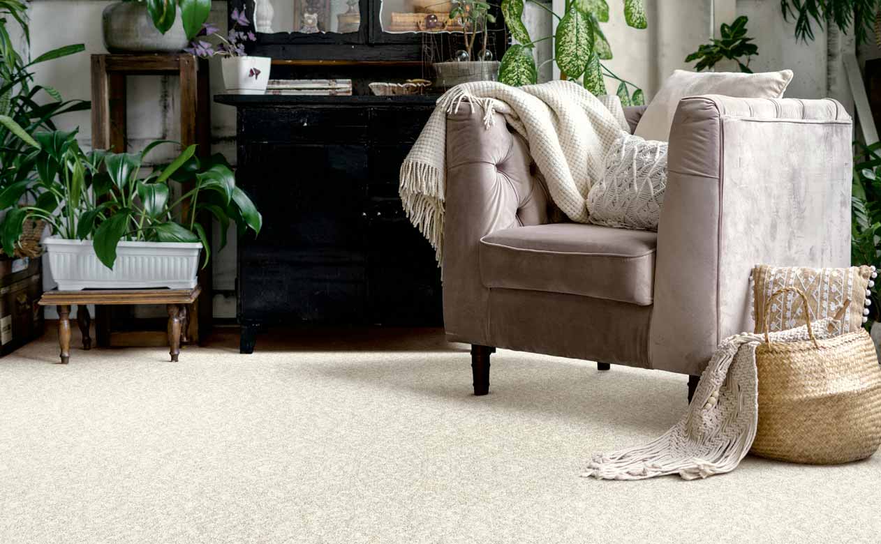 Living room with brown chair and beige carpet